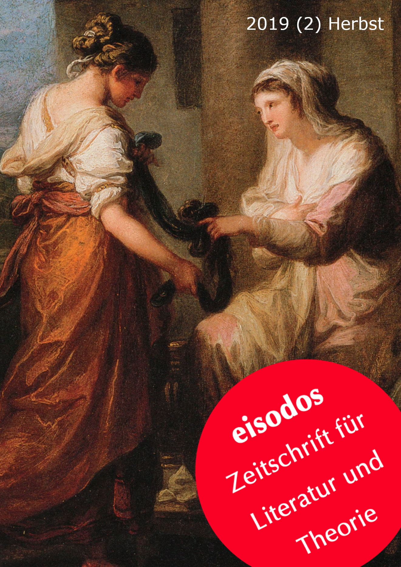 Das eisodos-Titelbild zeigt ein Gemälde Angelika Kauffmanns mit dem Titel „Elektra gibt ihrer Schwester Chrysothemis ihren Gürtel und die Locke des Orest für das Grab des Agamemnon“ (vor 1778, Öl auf Leinwand, 65 cm, Tondo, Privatbesitz). Die Abbildung stammt aus: Förderverein Freunde Angelika Kauffmann Museum Schwarzenberg (Hg.), Angelika Kauffmann. Heldinnen. Band I aus der Ausstellungstrilogie „Der Traum vom Glück“, Hohenems, Wien 2009, S. 77.